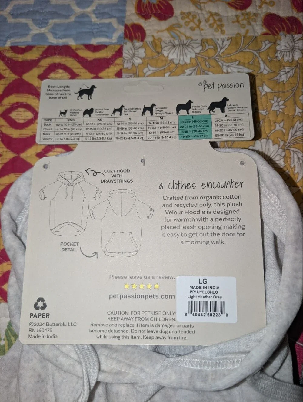 Pet Passion Organic Cotton Large Pet Hoodie -NIB